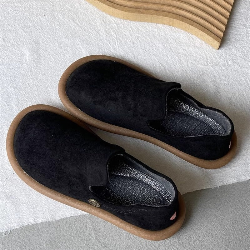 Women's Vintage Suede Slip-On Pumps | Low Heel Round Toe Dress Shoes | Creamy White & Black
