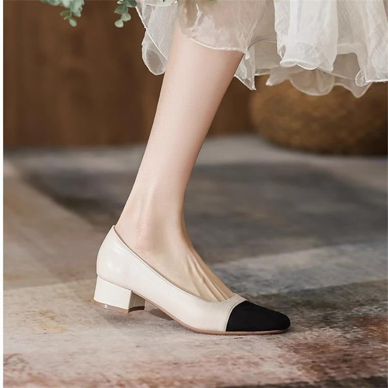 Women's French-Style Chunky Heel Square Toe Pumps - Soft PU Leather Slip-On Casual Shoes