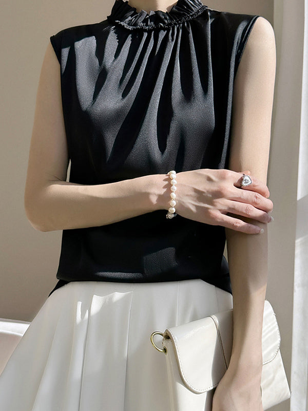 Loose Sleeveless Pleated Ruffle Trim Solid Color Stand Collar Vest Top
