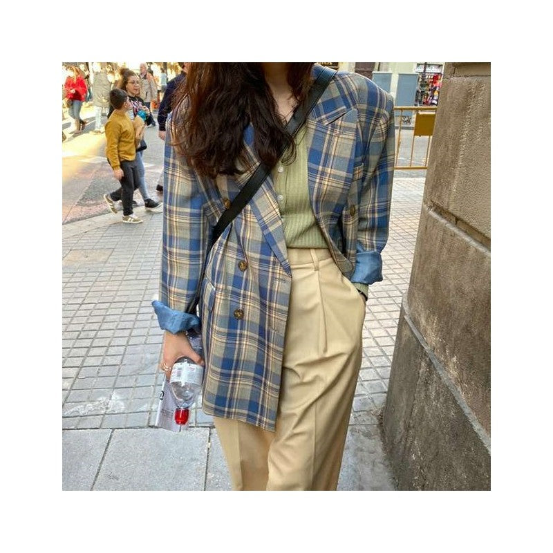 Casual Color Block Plaid Loose Fit Blazer