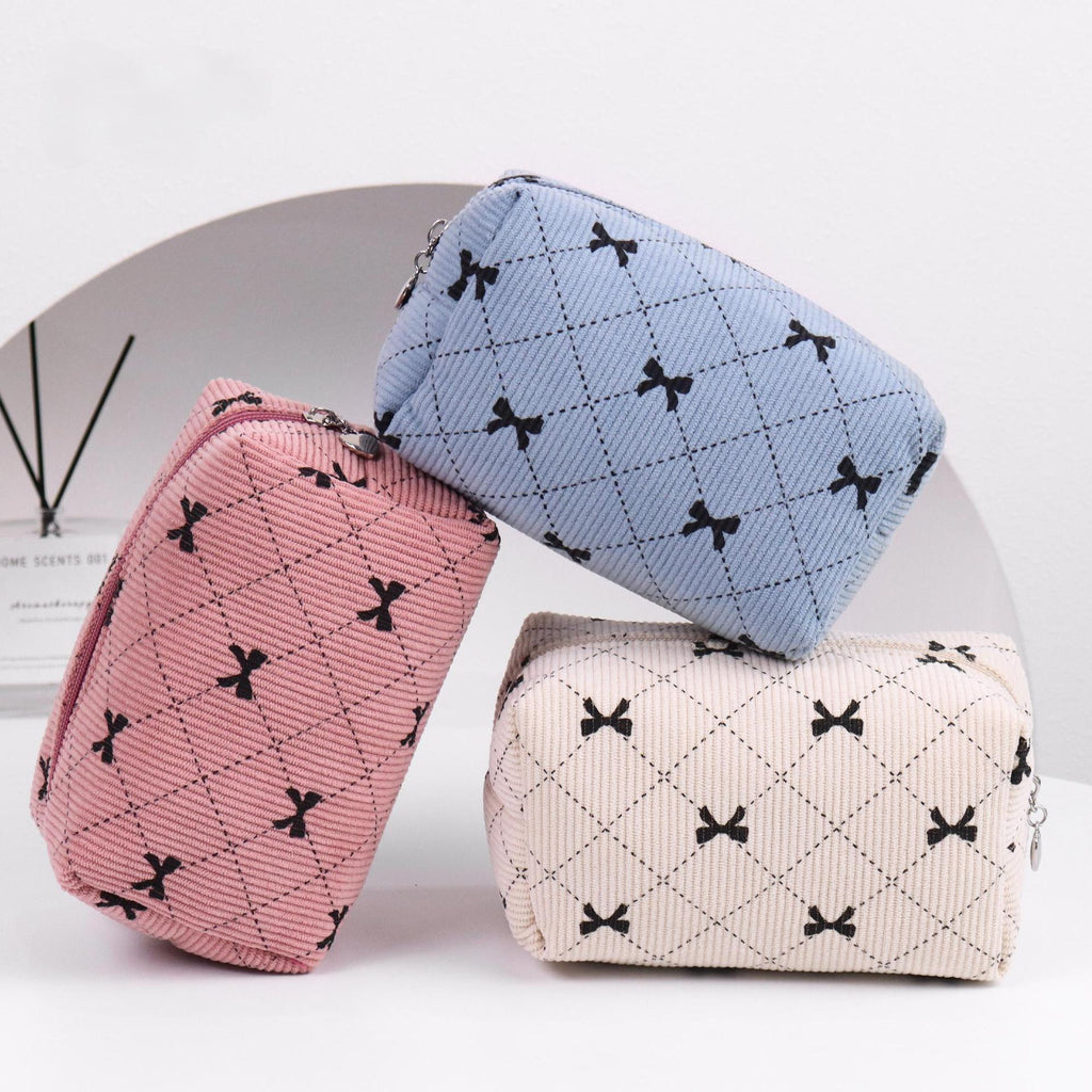 Corduroy Bow-Knot Makeup Bag - Large Capacity Cosmetic Organizer with Zipper