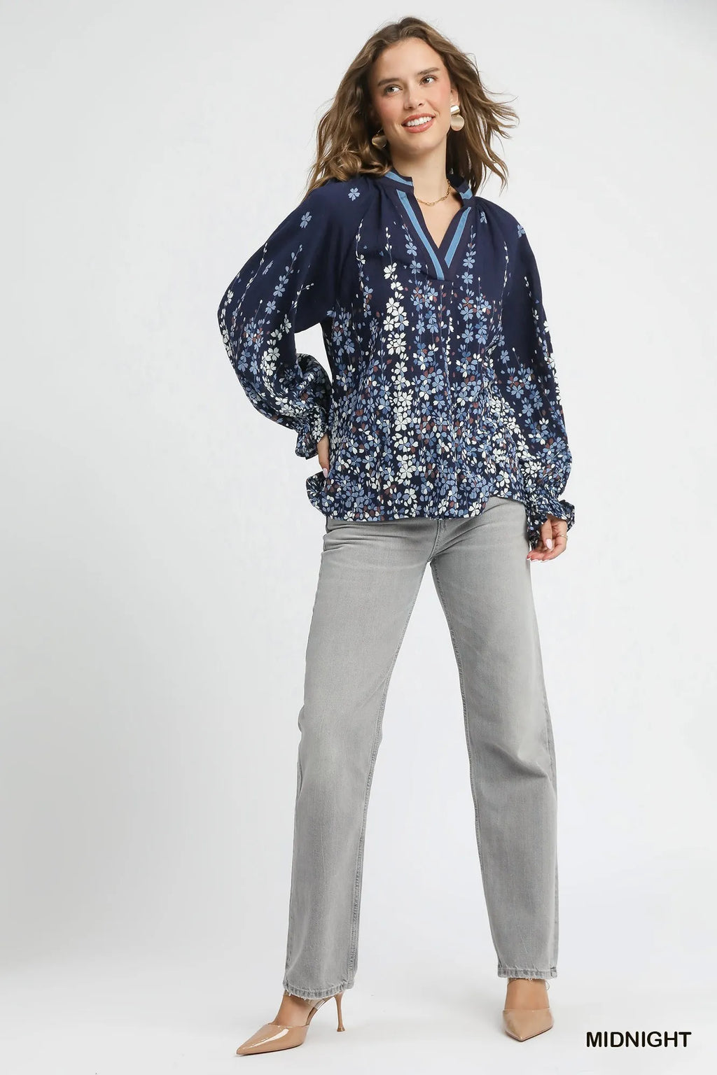 Full Size Floral Vine Print Blouse with Balloon Sleeves Plus Size