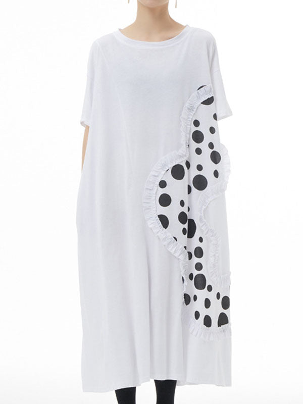 Loose Short Sleeves Polka-Dot Split-Joint Round-Neck Midi Dresses