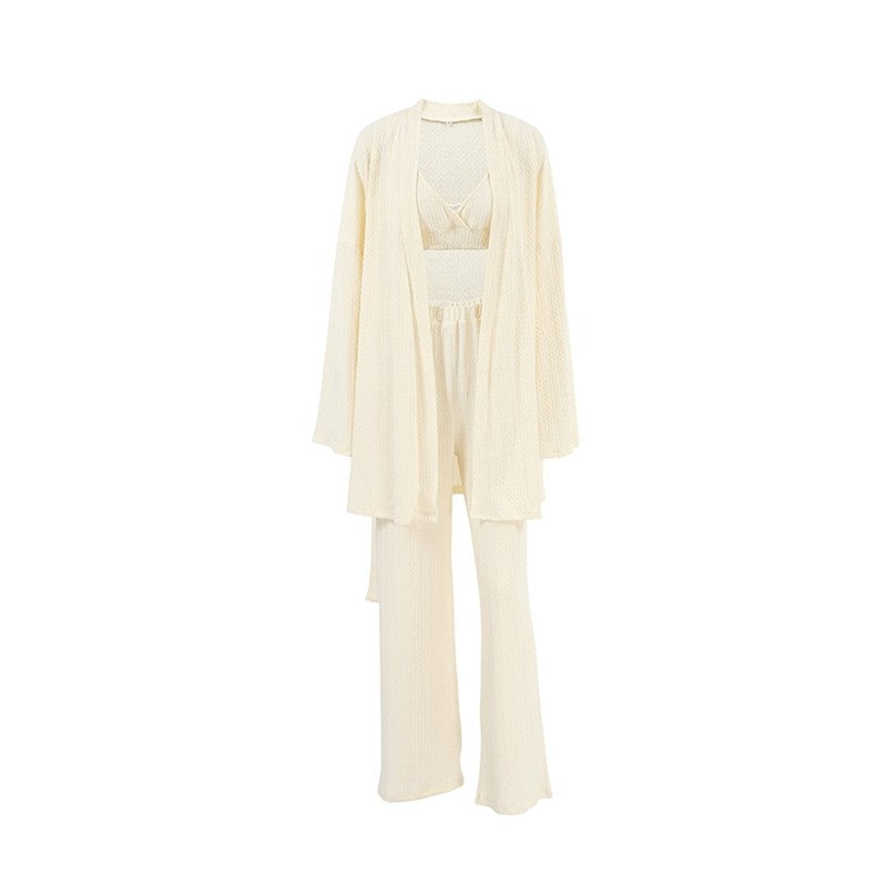 Casual Loose Knitted Solid Color Bralette and Long Sleeve Sweater with Waist Tie, Outerwear, and Pants Three-P