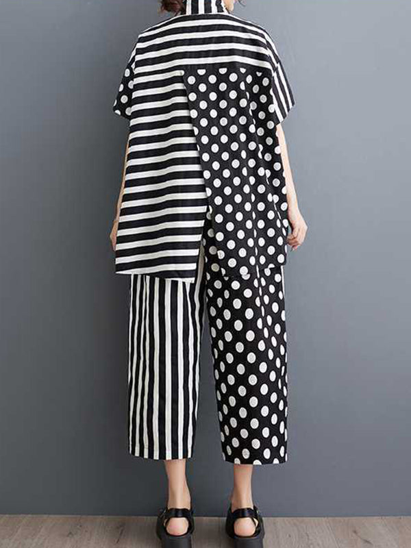 Half Sleeves High-Low Asymmetric Contrast Color Polka-Dot Split-Side Striped Lapel Blouses Top + Pants Bottom Two Pieces Set