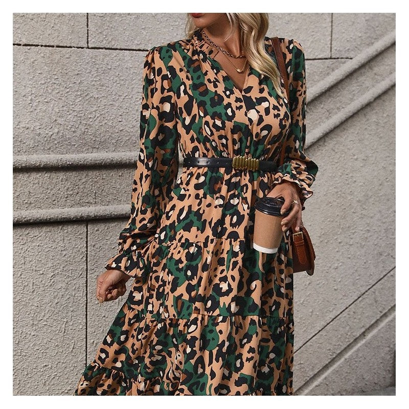 Leopard Print Belted Long Sleeve Midi Dress