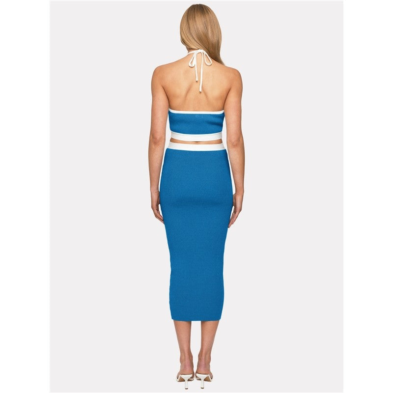 Contrast Color Sleeveless Halterneck Backless Hollow Bodycon Maxi Dress