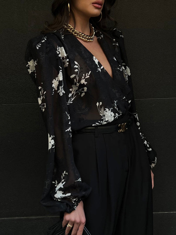 Loose Puff Sleeves Gauze Jacquard Lace-Up Pleated See-Through V-Neck Blouses&Shirts Tops
