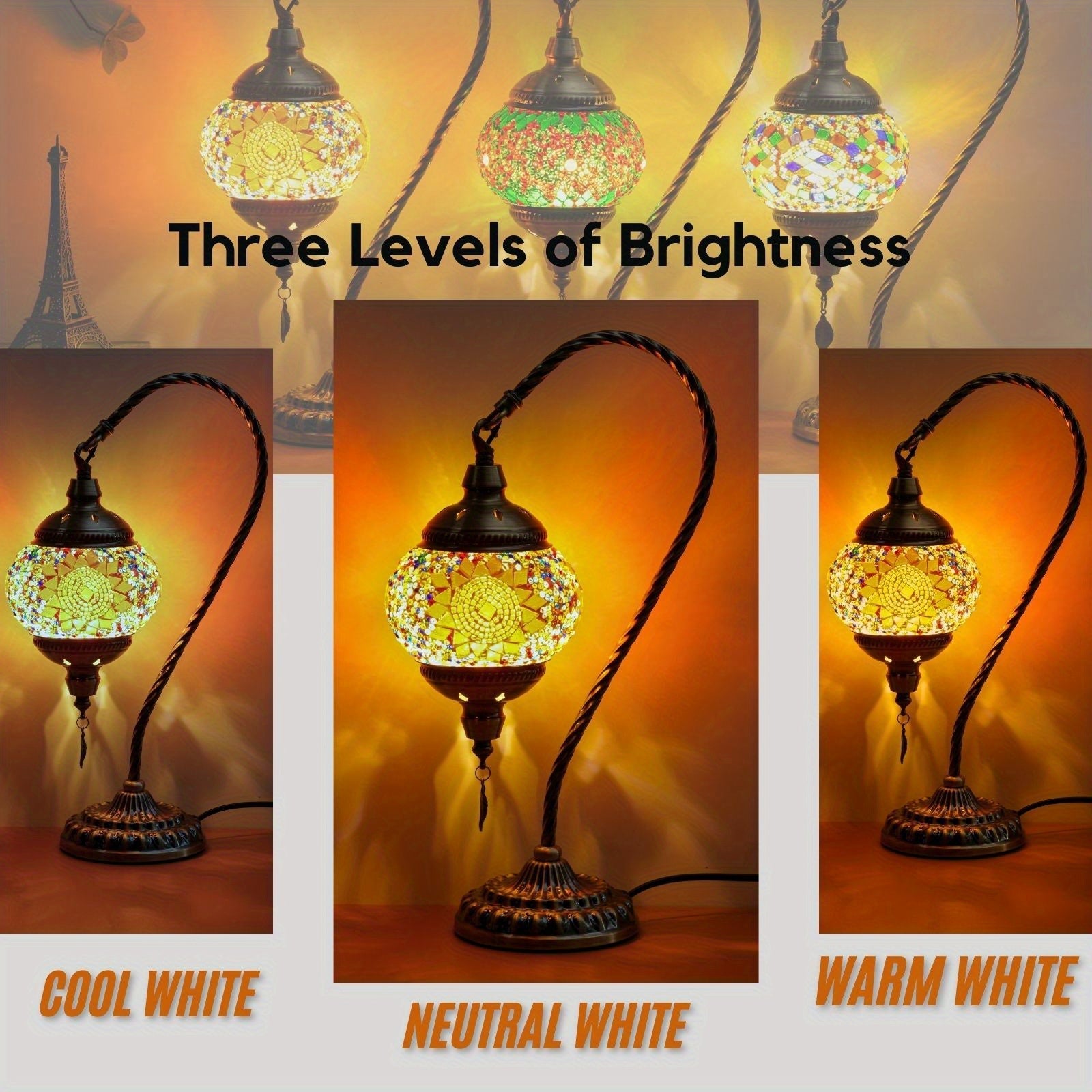 Turkish Mosaic Table Lamp – Swan Neck Moroccan Bedside Light with LED Bulb