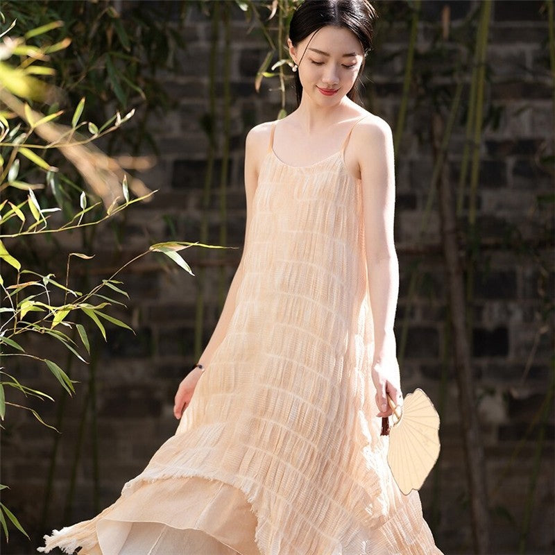 Solid Color Jacquard Halter Maxi Dress with Irregular Pleating