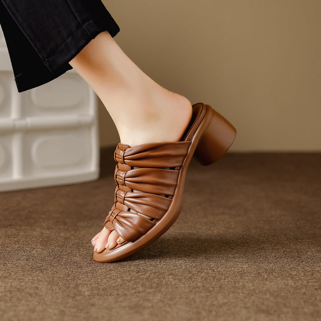 Women's Ruched Slide Sandals | Genuine Lambskin Block Heel Open-Toe Mules