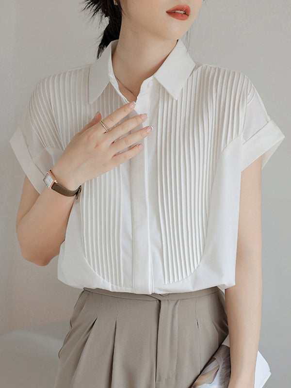 Loose Short Sleeves Buttoned Pleated Solid Color Split-Joint Lapel Blouses&Shirts Tops