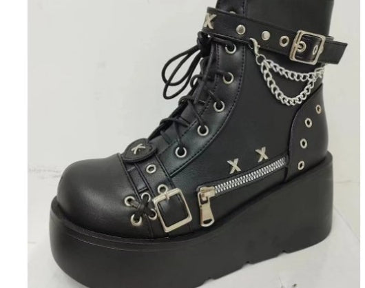 Women's Chunky Round-Toe Dr Martens Style Platform Boots | Side Zipper Wedge Heel