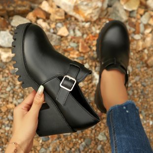 Women's British-Style Chunky Heel Pumps - Round Toe Buckle Closure Casual Shoes