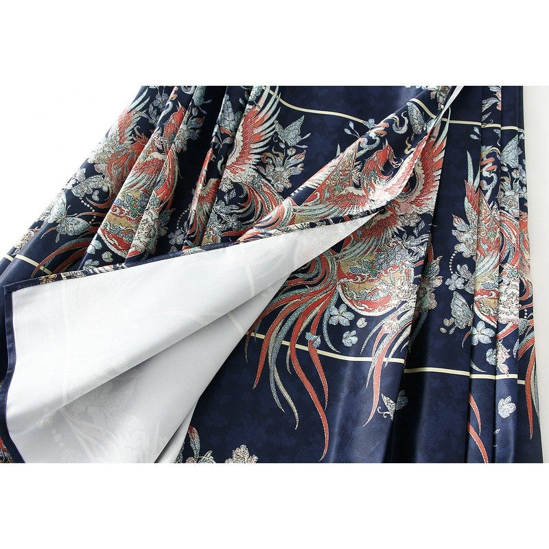 Phoenix Print Pleated Skirt with Chinese Style Waist Tie