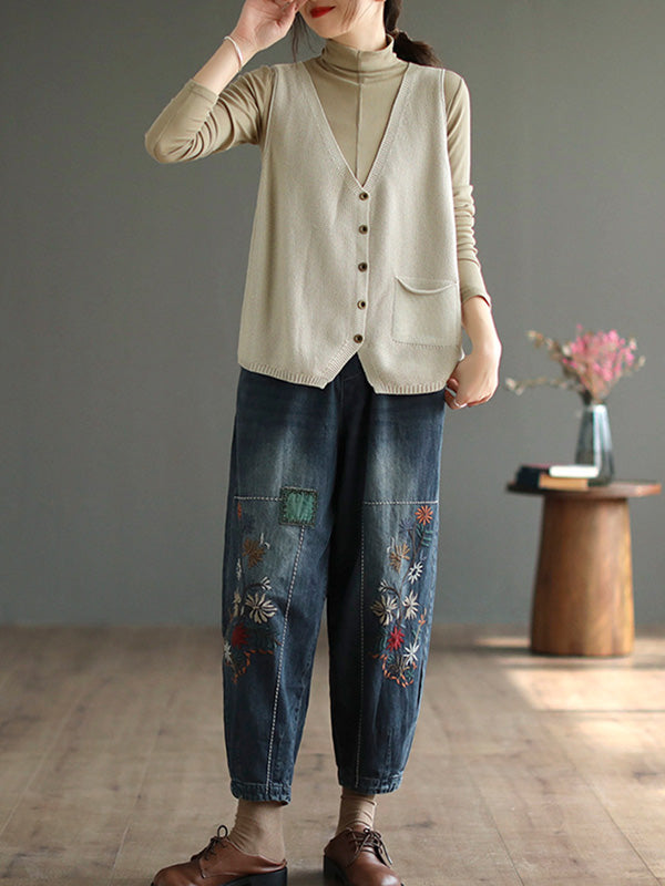 Vintage Loose Embroidered Elasticity Harem Jean Pants Bottoms