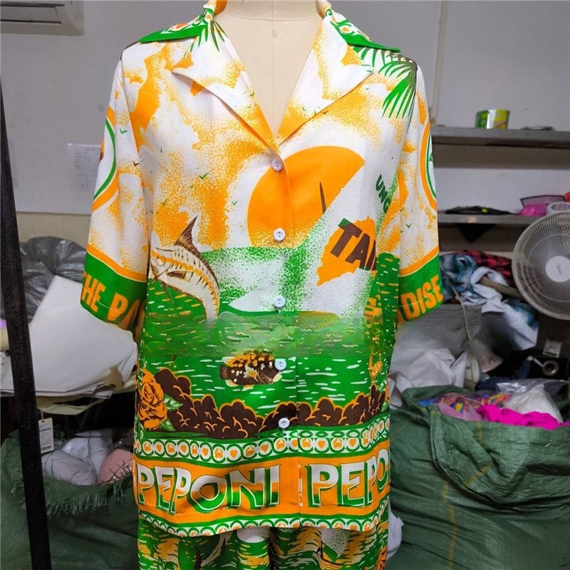 Floral Print Two-Piece Casual Shirt and Shorts Ensemble