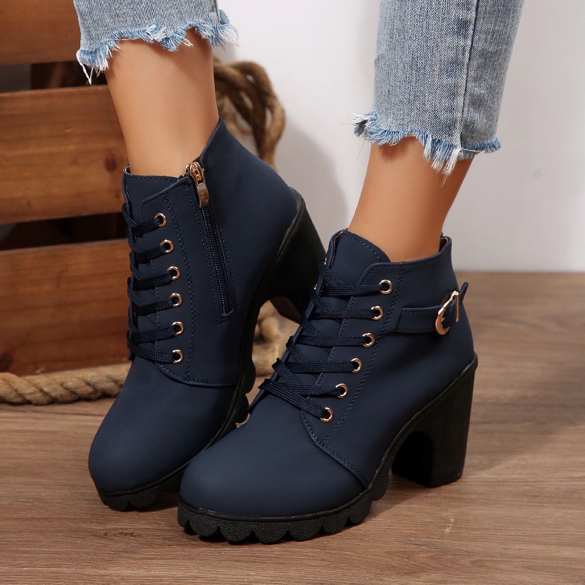 Women's Cross-Tie Chunky-Heel Ankle Boots | Block Heel Lace-Up Booties