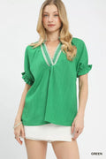 Textured V-Neck Top with Lace Trim Details