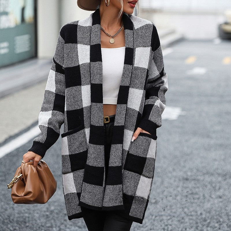 Contrast Color Long Sleeve Plaid Casual Loose Knitted Cardigan