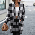Contrast Color Long Sleeve Plaid Casual Loose Knitted Cardigan