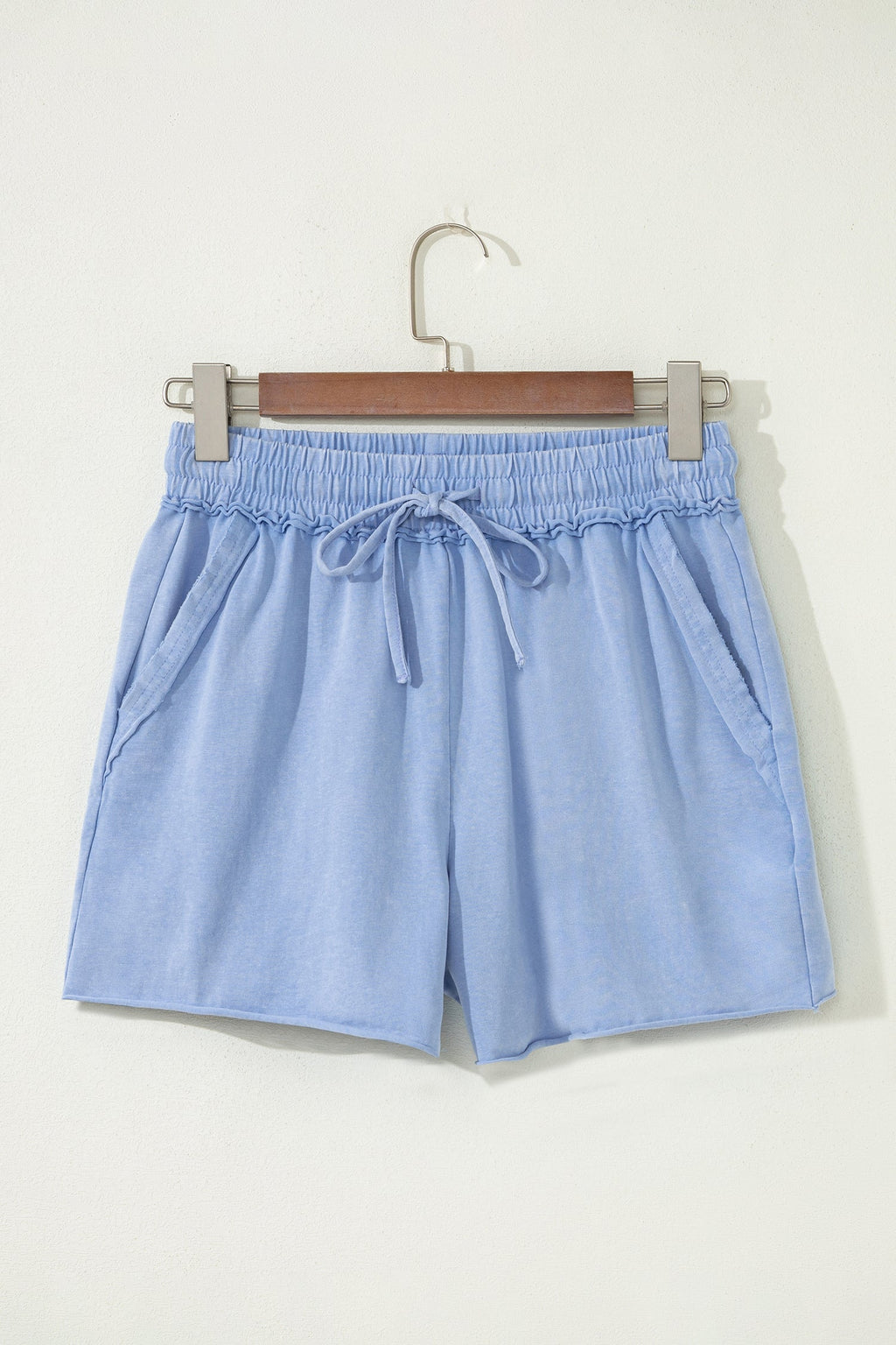 Sky Blue Mineral Washed Drawstring Elastic Waist Raw Cut Shorts