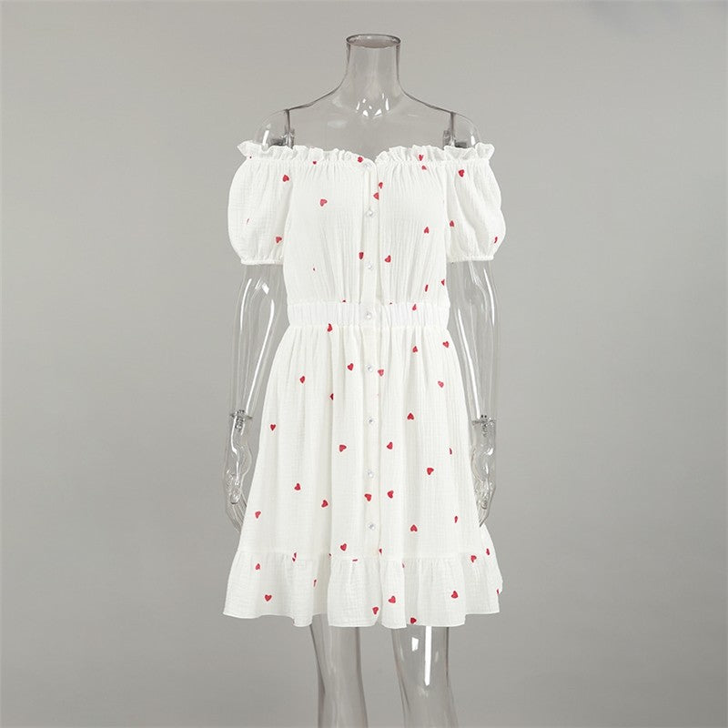 Heart Print One-Shoulder Nightgown with Ruffle Hem
