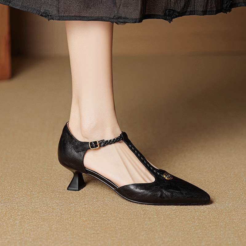 French Retro Camellia-Embellished Ballet Flats - Genuine Leather Stiletto Heels for Women