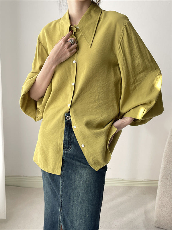 Loose Puff Sleeves Pleated Split-Joint Sun Protection Lapel Blouses