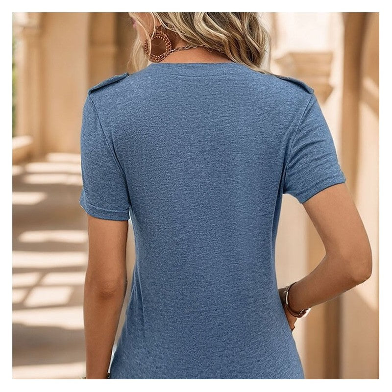 Cozy V-Neck Casual T-Shirt with Buttoned Pocket