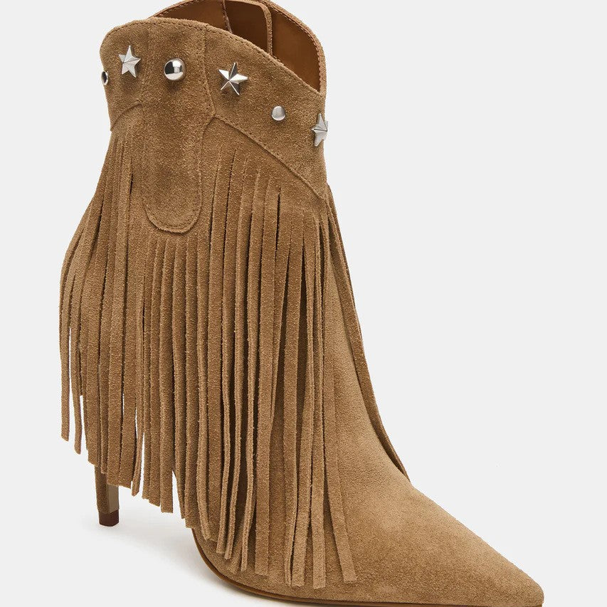 Fringed Studded High-Heel Pointed-Toe Ankle Boots – Side Zipper, Suede, Stiletto Heel | Sarah Express