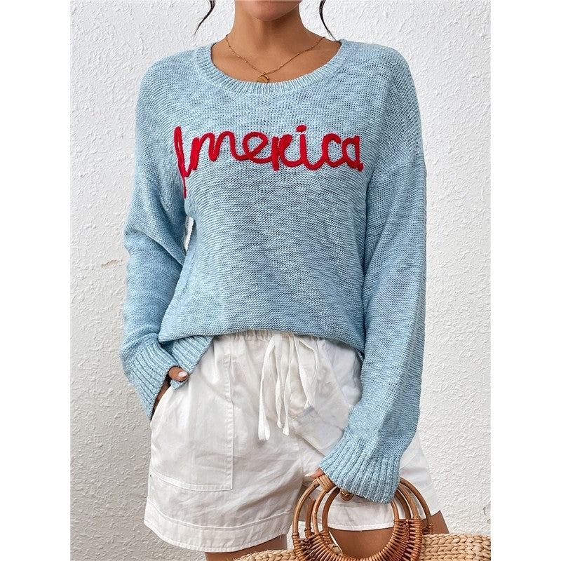 Long Sleeve Crewneck AMERICA Letters Casual Loose Knitted Sweater