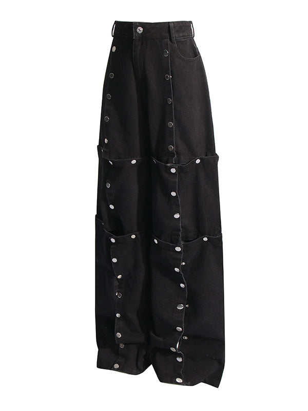 High Waisted Loose Buttoned Detachable No Belt Pockets Split-Joint Jean Pants Bottoms