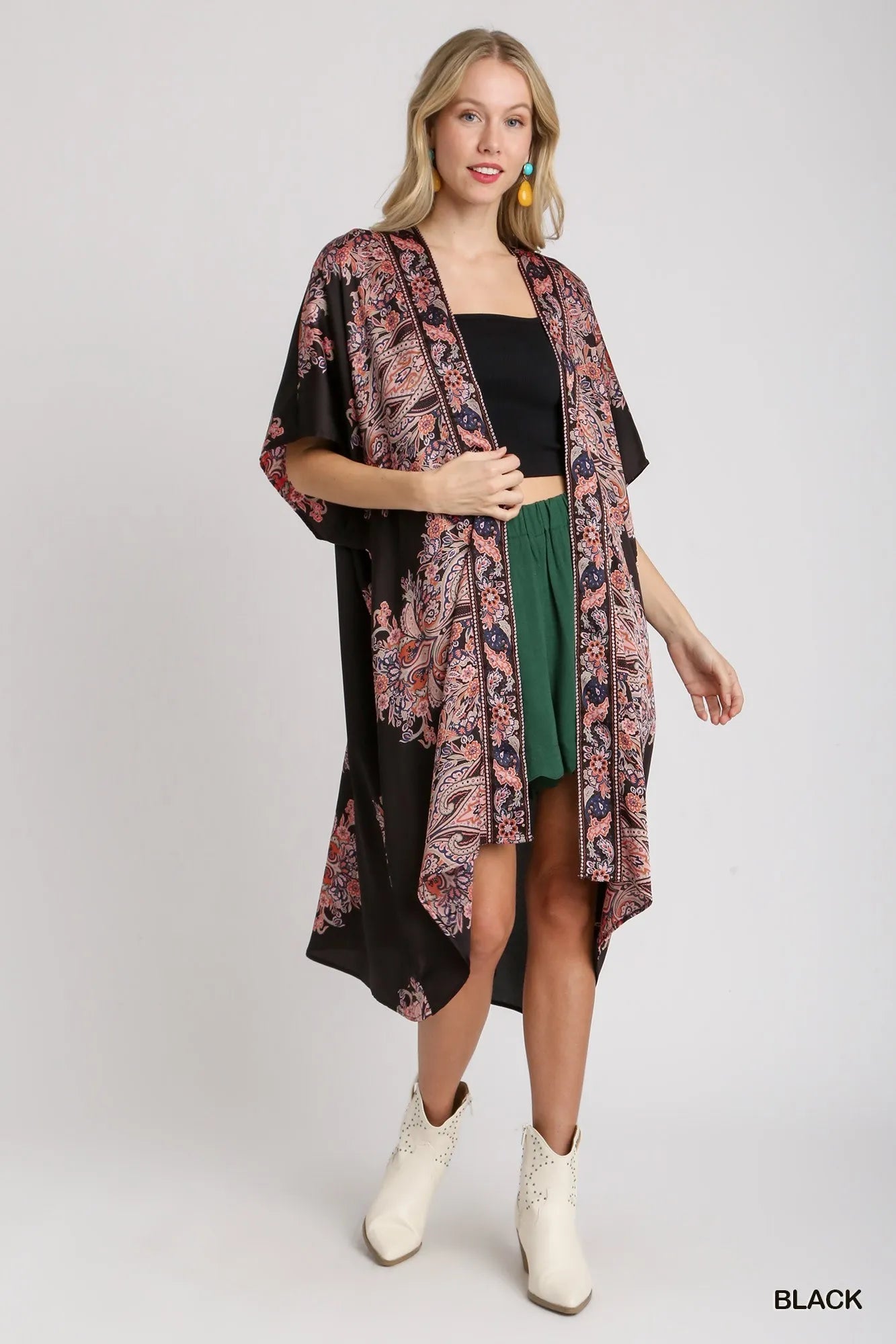 Satin Border Print Short Sleeve Open Front Kimono