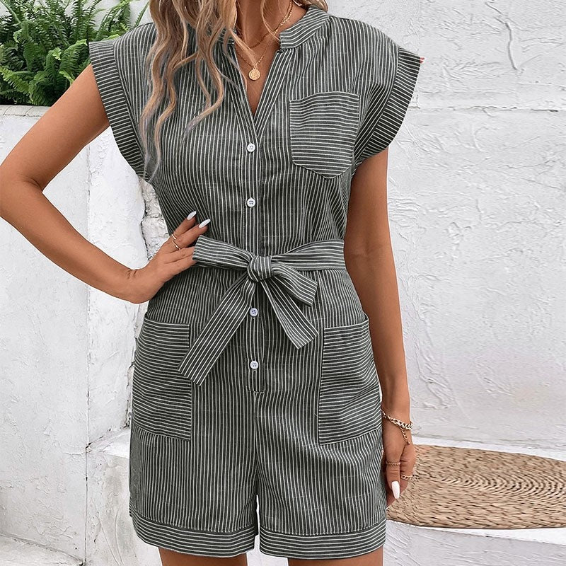 Casual Striped Short Sleeve Jumpsuit