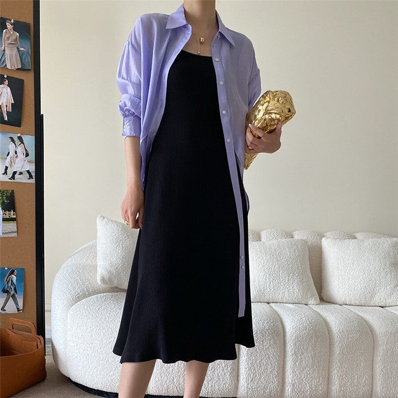 Knitted Hepburn Style Dress with Wide Shoulder Straps
