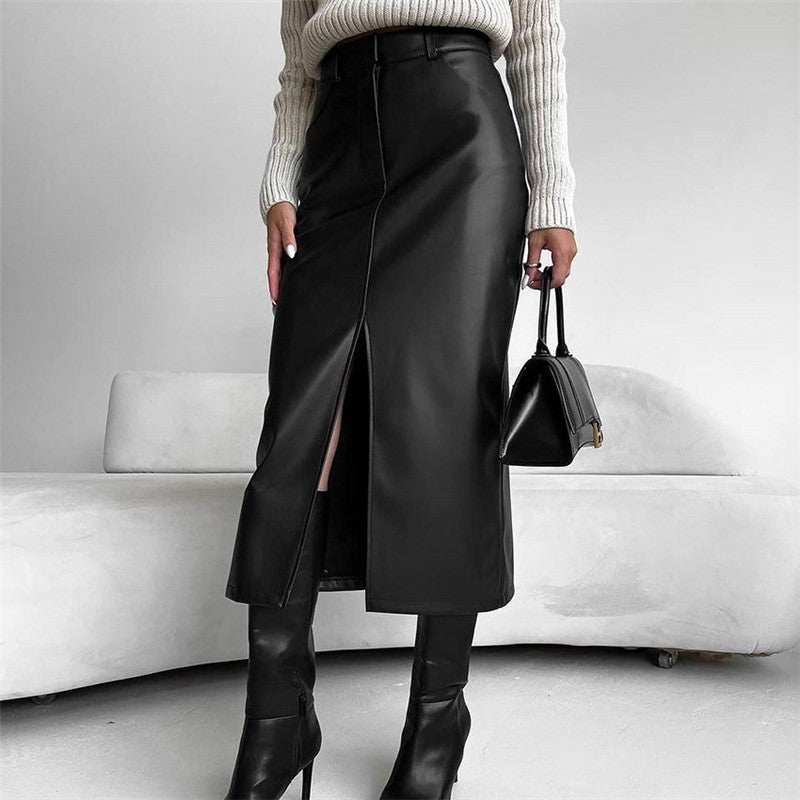 Retro High-Waisted PU Leather Skirt with Split Design