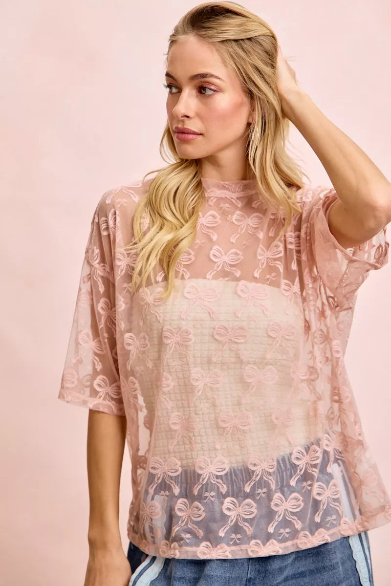 Bow Pattern Short Sleeves Boxy Mesh Top