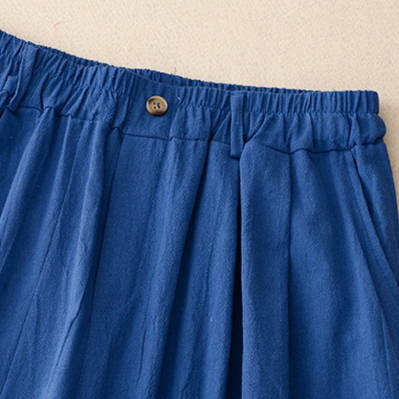 Wide Leg Elastic Waist Double Pocket Pants Simple And Pure Ethnic Style