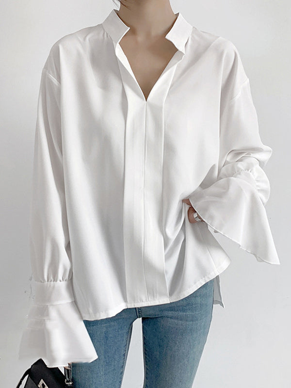 Flared Sleeves High-Low Buttoned Solid Color Split-Side V-Neck Blouses&Shirts Tops