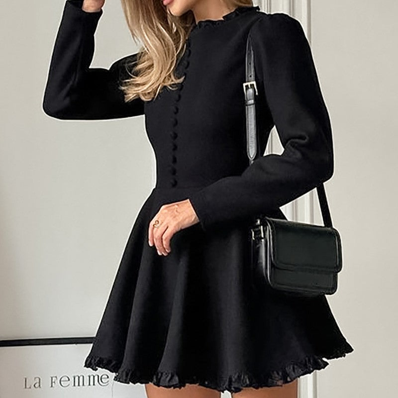 Solid Color Crewneck Long Sleeve A-Line Ruffled Hem Mini Dress