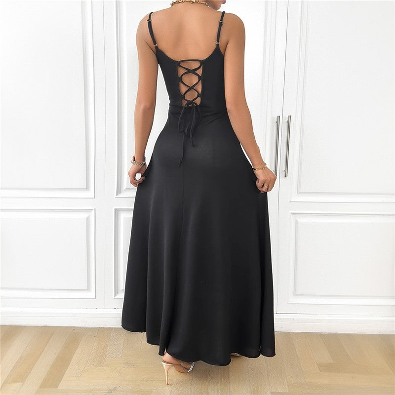 Solid Color Spaghetti Strap Sleeveless Backless Bandage Maxi Dress