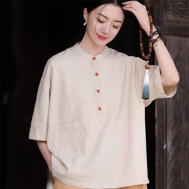 Stand Out in Style with our Solid Color Stand Collar Button-Up Short Sleeve Shirt