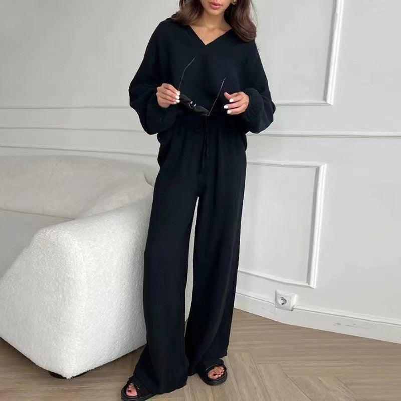 Solid Color Long Sleeve Lapel Blouse and Pants Set