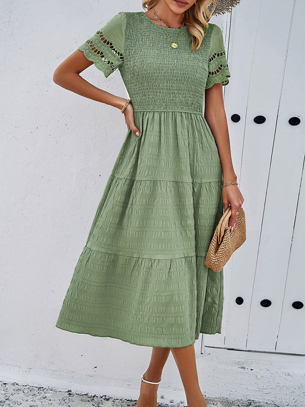 A-Line Loose Elasticity Hollow Solid Color Split-Joint Round-Neck Midi Dresses