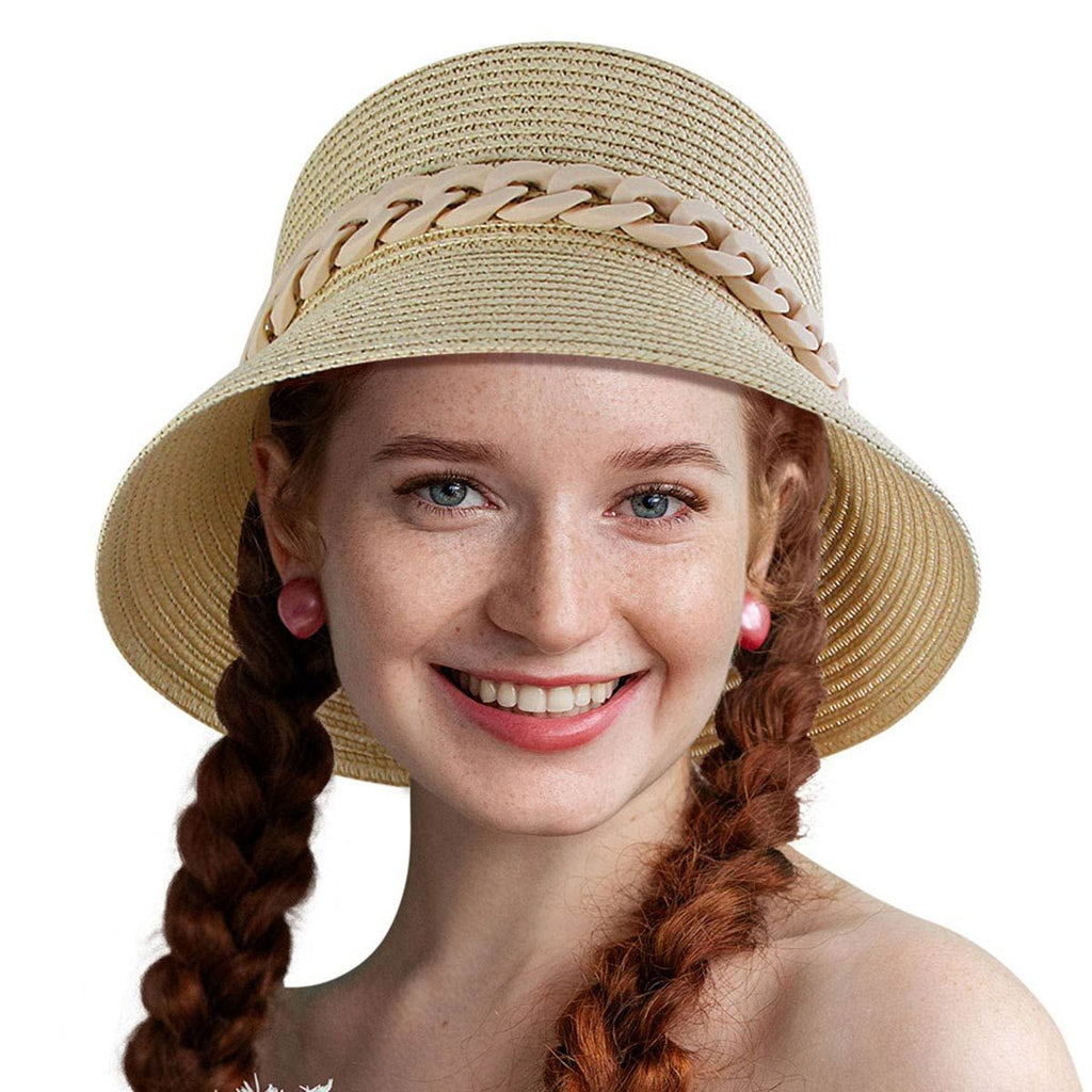 Bucket Hat Beige Straw Chain Stylish Casual Chic Accessory