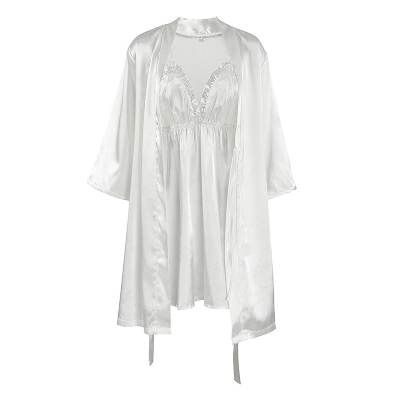 Feather Patchwork Satin Slip Dress with Long Sleeves