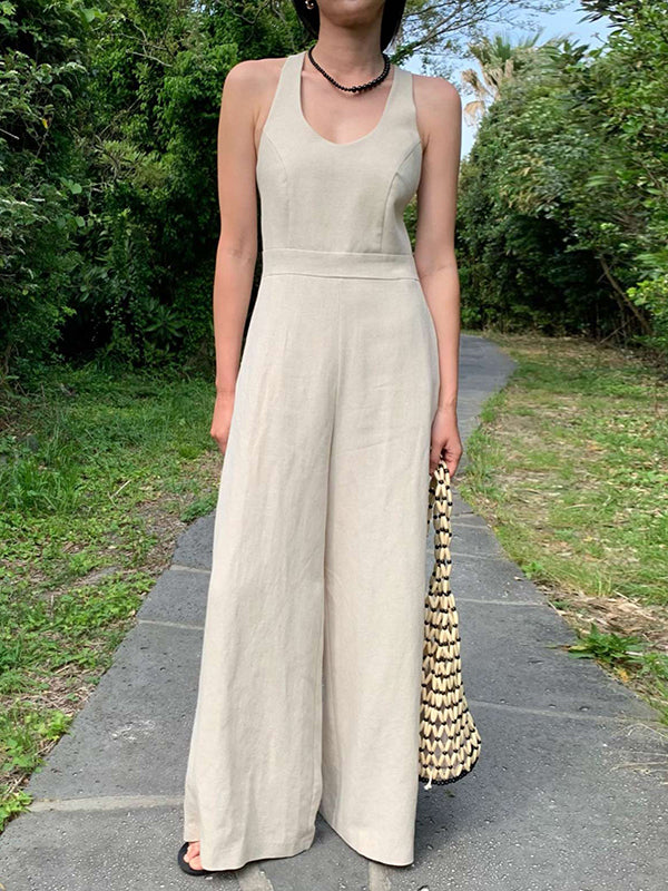Sleeveless Wide Leg Solid Color Round-Neck Jumpsuits