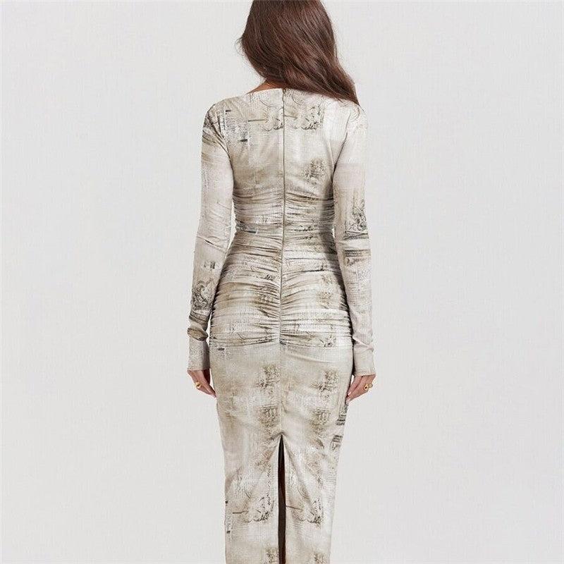Floral Print Bodycon Long Sleeve Round Neck Dress