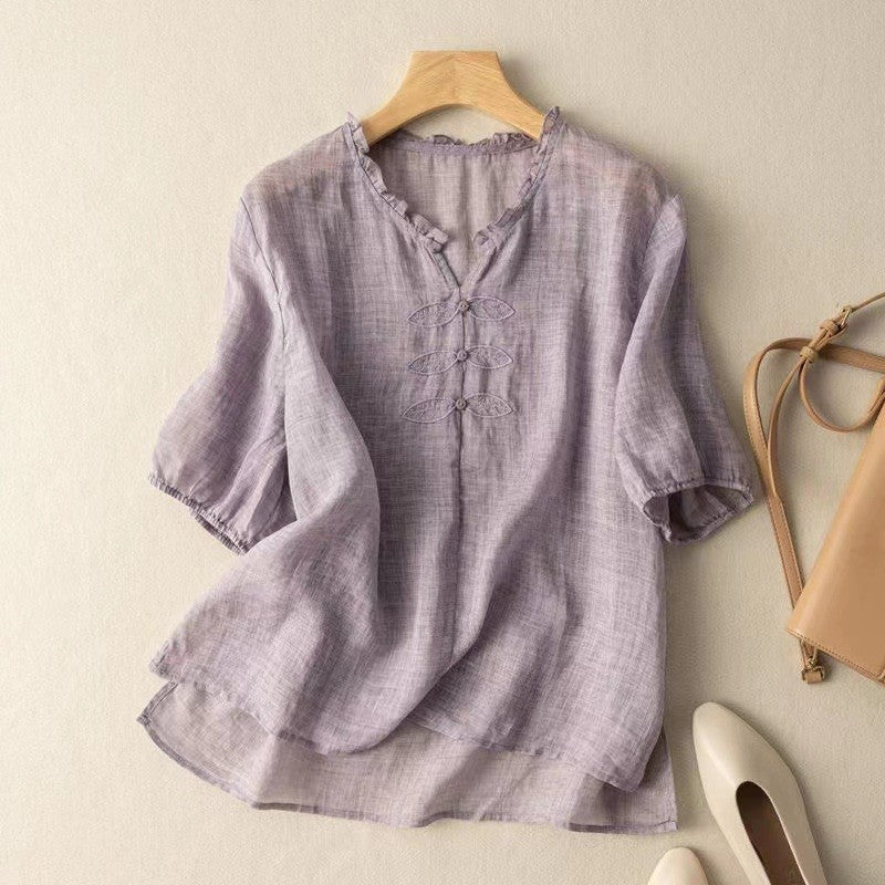 Women's Organic Cotton  V-Neck Short Sleeve Loose Shirt